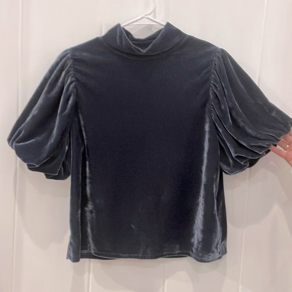 Free People Navy Blue Velvet Bubble Sleeve Shirt